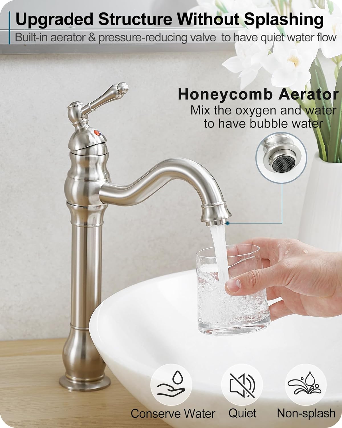 Single Handle Bathroom Faucet Brushed Nickel, Brass Vessel Sink Faucet 360 Degree Swivel Tall Bathroom Sink Faucet 1 Hole, Bathroom Faucets with Pop-up Drain & Aerator for Hotels