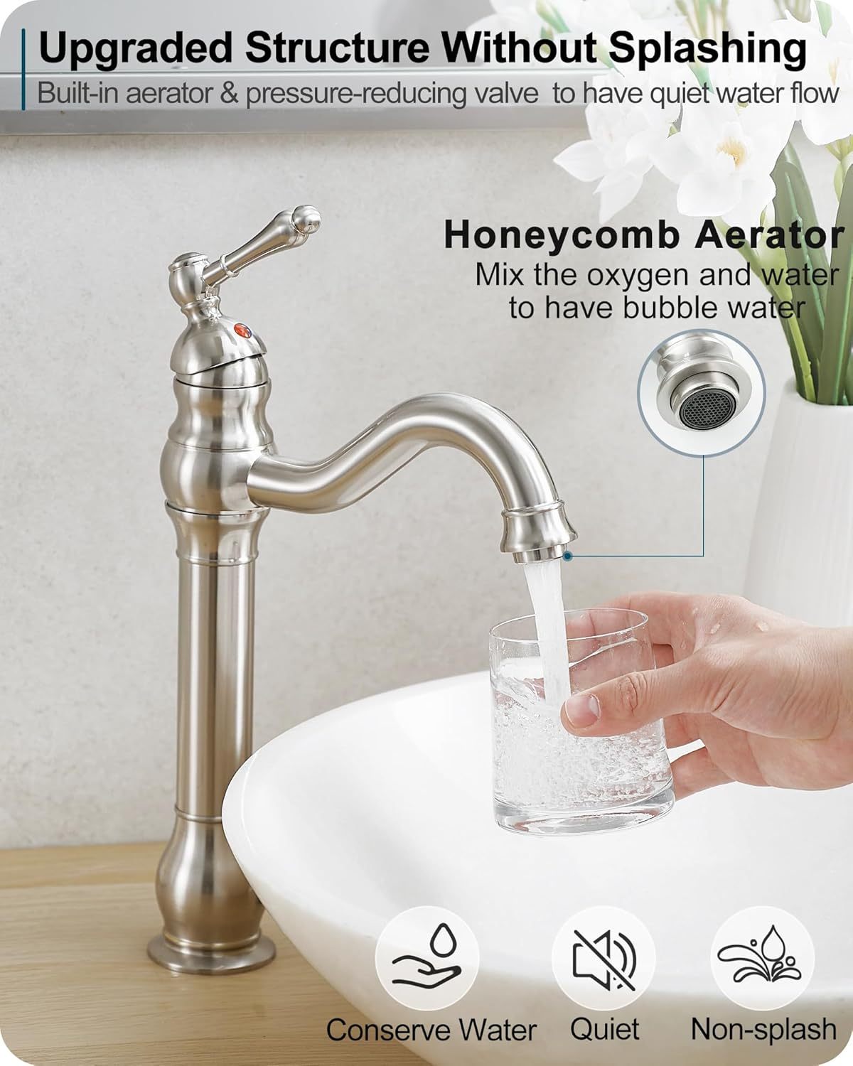 Single Handle Bathroom Faucet Brushed Nickel, Brass Vessel Sink Faucet 360 Degree Swivel Tall Bathroom Sink Faucet 1 Hole, Bathroom Faucets with Pop-up Drain & Aerator for Hotels