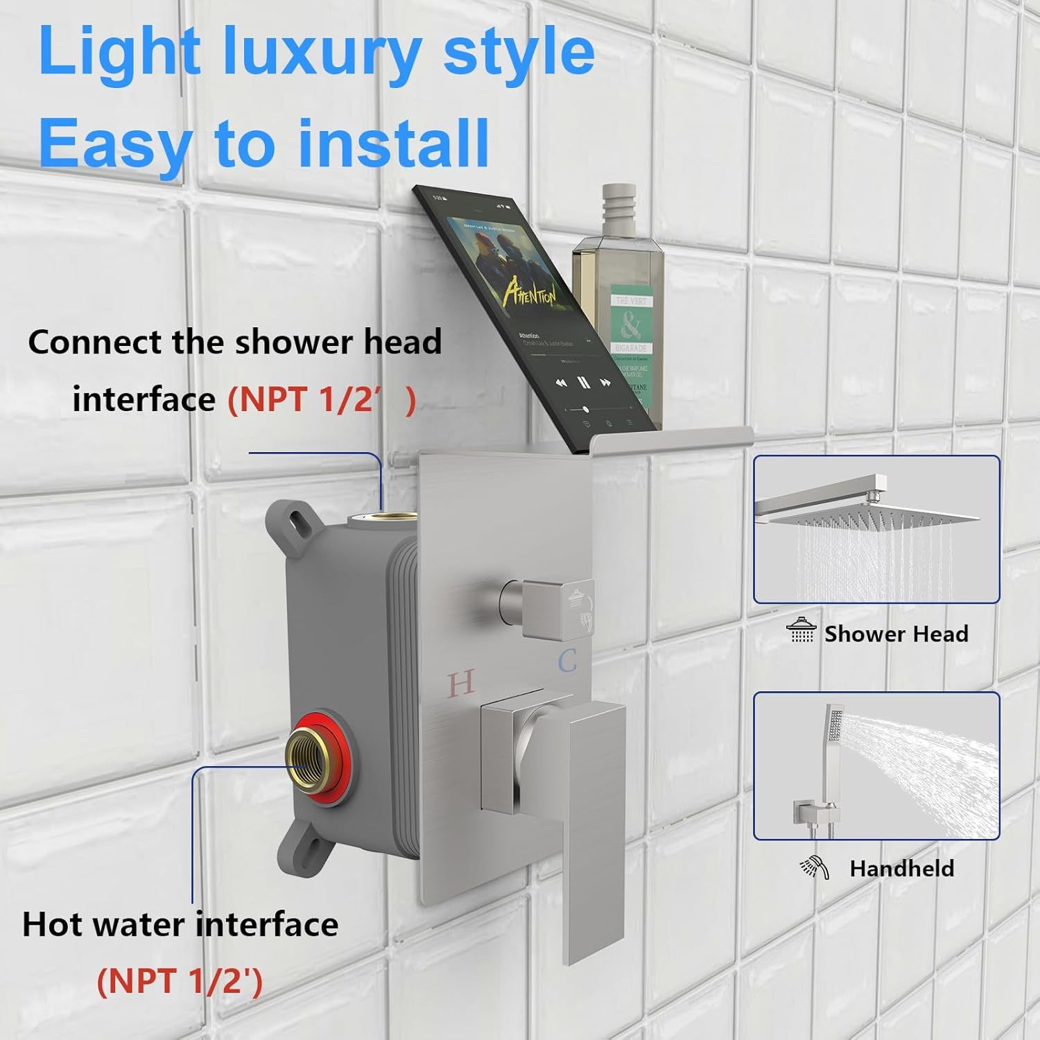 Rainfall Shower System With Storage Rack ​10 inch Shower Faucet Set Brushed Nickel