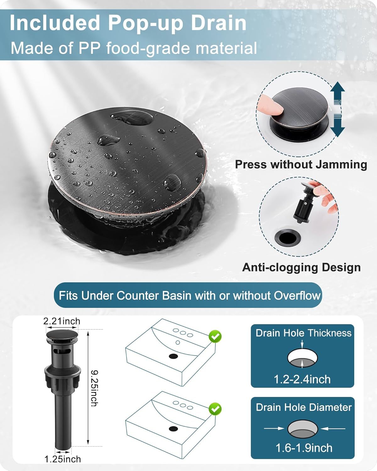 Waterfall Bathroom Faucet, 4 Ins Bathroom Faucets One Hole or 3 Hole, Single Handle with Deck Plate, Pop-up Drain & Water Hose