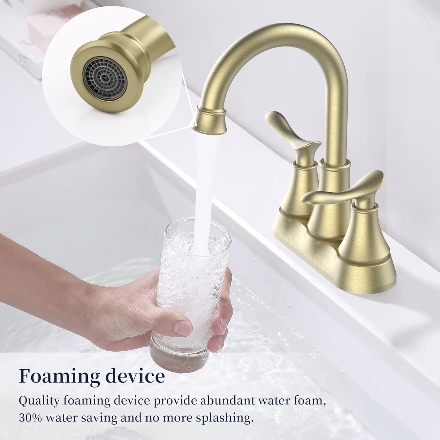 Bathroom Faucet Brushed Gold with Pop-up Drain & Supply Hoses 2-Handle 360 Degree High Arc Swivel Spout Centerset 4 Inch Vanity Sink Faucet