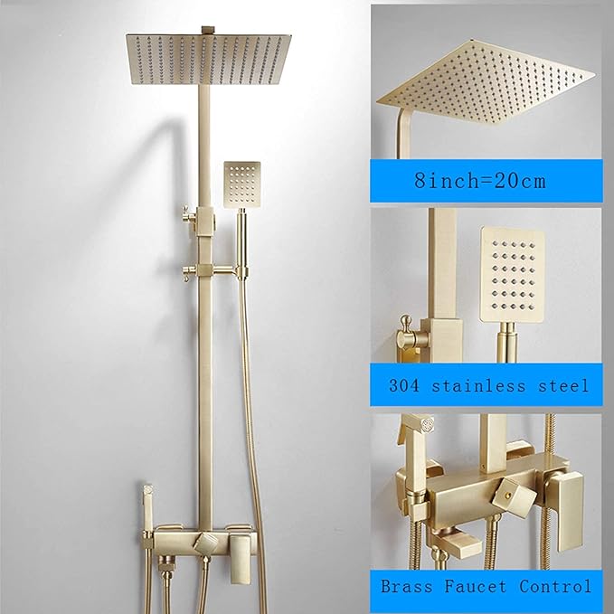 Shower Faucet Set Brushed Gold, 8 inch Rain Shower Head, Bidet Spray Tap