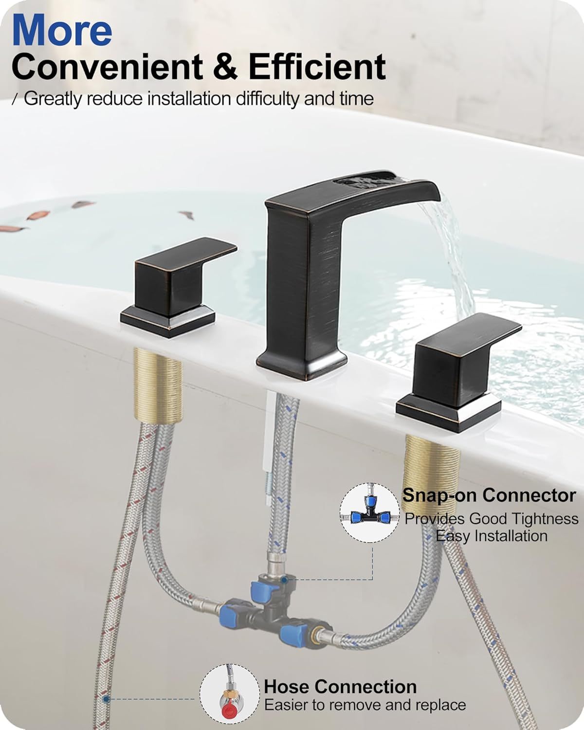 Waterfall Tub Faucet Set 3 Hole, Bathtub Faucet Set 2 Handle, 6-16 Inch Deck Mount Roman Tub Faucets, High Flow Bathtub Faucets with Pre-Installed Water Hose