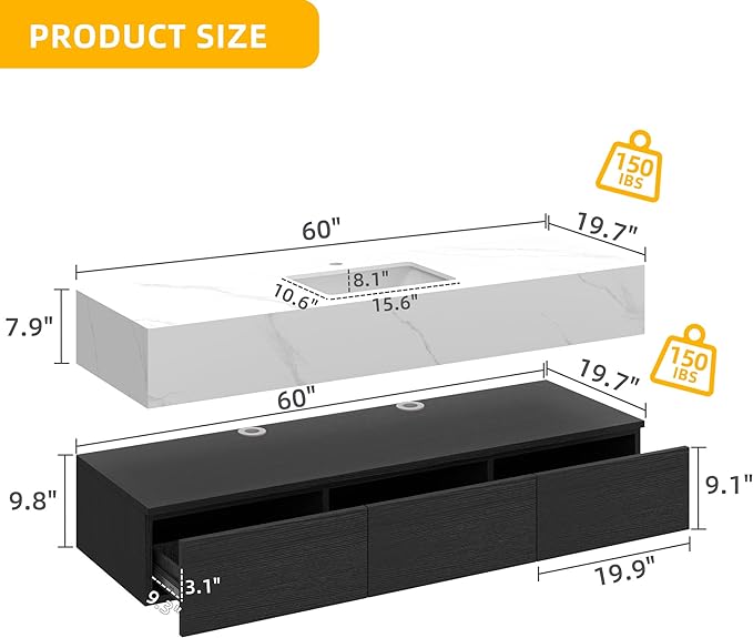 Floating Vanity Bathroom 60 Inch Wall Mounted Bathroom Storage Cabinet Single Integrated Set