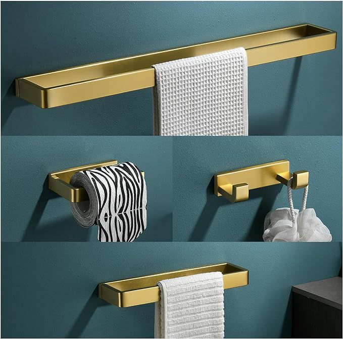 Bathroom Hardware Set Brushed Gold 4-Piece Towel Bar Set Square Bathroom Accessories