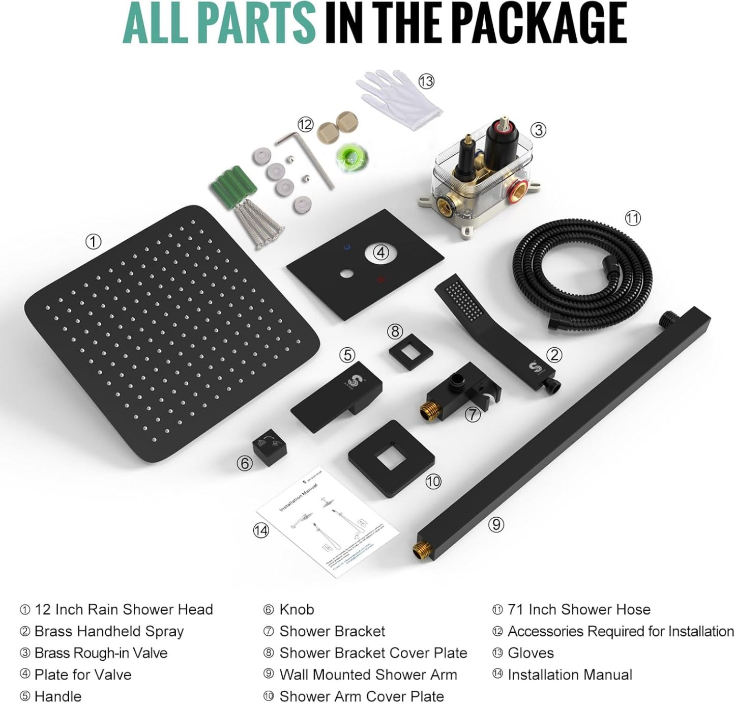 12 Inches Matte Black Shower System 12 Inch Brass Bathroom Luxury Rain Mixer Shower Combo Set Wall Mounted