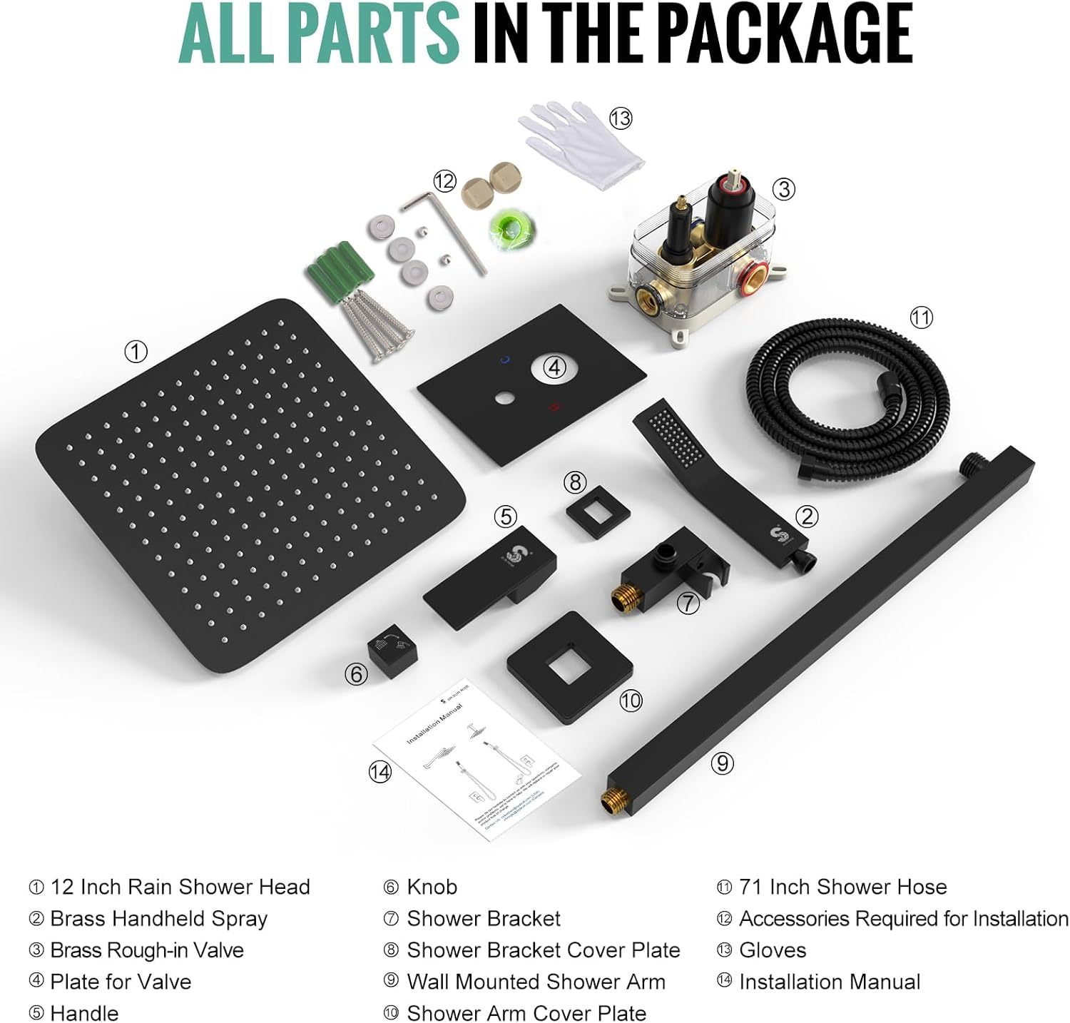 12 Inches Matte Black Shower System 12 Inch Brass Bathroom Luxury Rain Mixer Shower Combo Set Wall Mounted