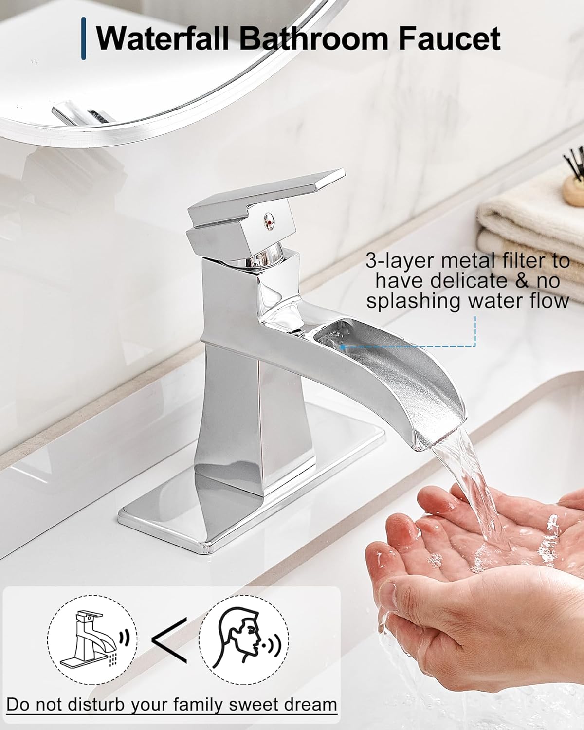 Brass 4 Inch Bathroom Faucets One Hole or 3 Hole, Single Handle with PP Drain, Deck Plate, Hot and Cold Supply Hoses for RV Lavatory Restroom