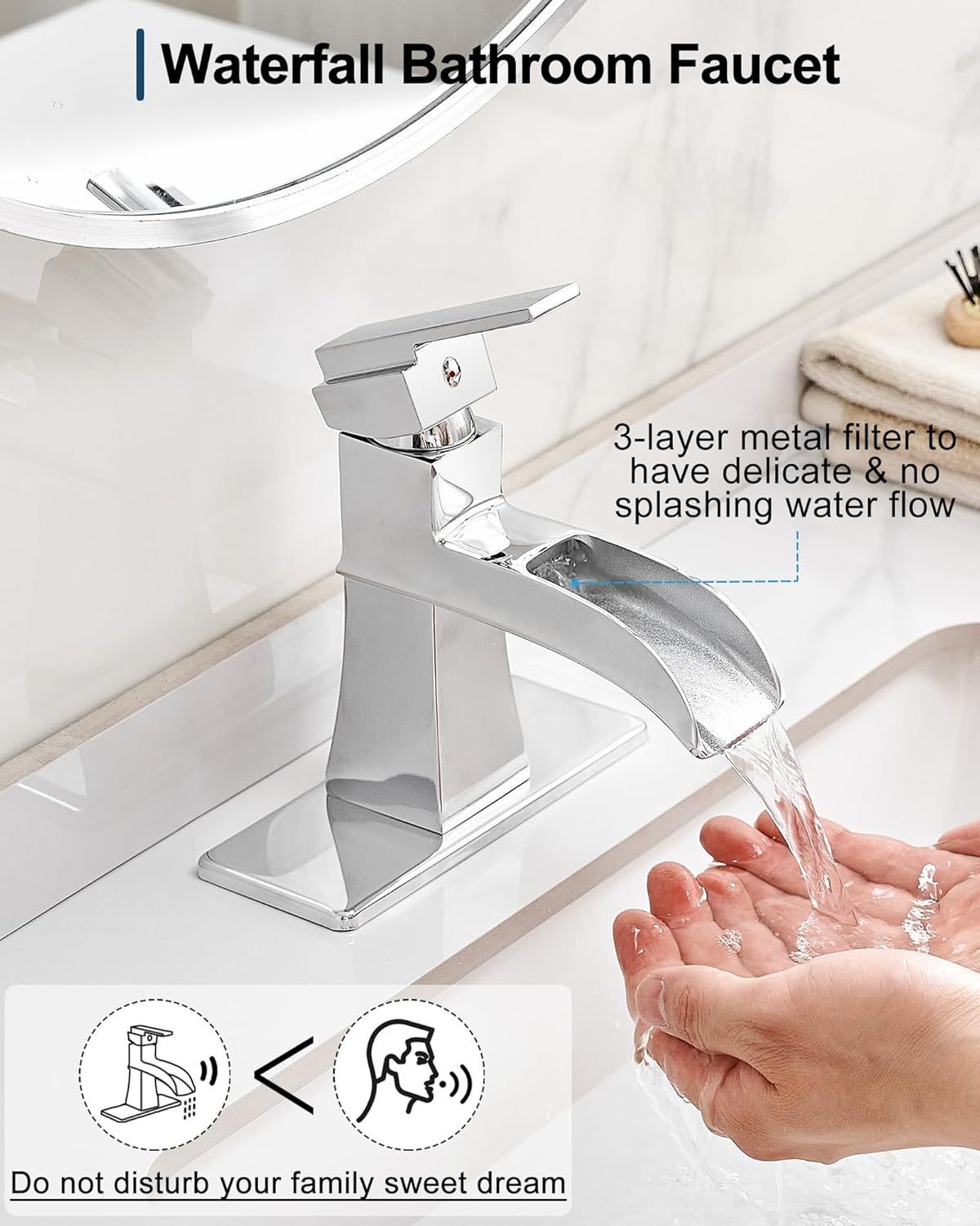 Brass 4 Inch Bathroom Faucets One Hole or 3 Hole, Single Handle with PP Drain, Deck Plate, Hot and Cold Supply Hoses for RV Lavatory Restroom