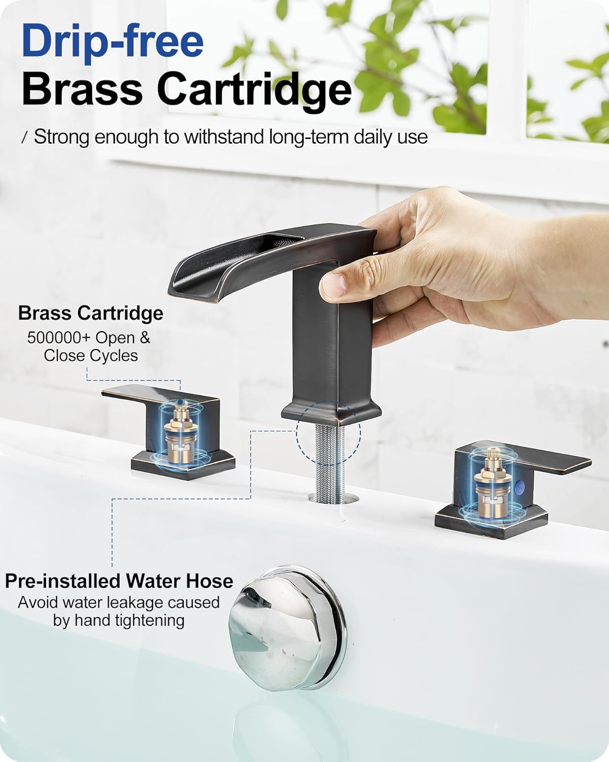 Waterfall Tub Faucet Set 3 Hole, Bathtub Faucet Set 2 Handle, 6-16 Inch Deck Mount Roman Tub Faucets, High Flow Bathtub Faucets with Pre-Installed Water Hose