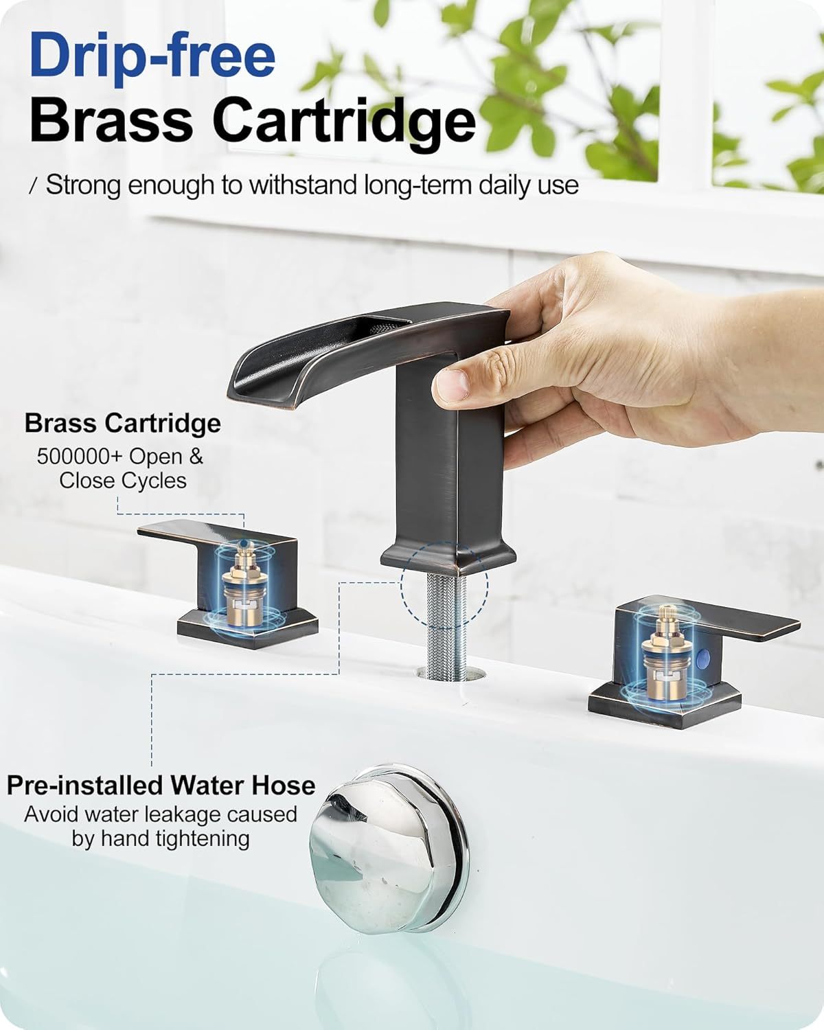 Waterfall Tub Faucet Set 3 Hole, Bathtub Faucet Set 2 Handle, 6-16 Inch Deck Mount Roman Tub Faucets, High Flow Bathtub Faucets with Pre-Installed Water Hose