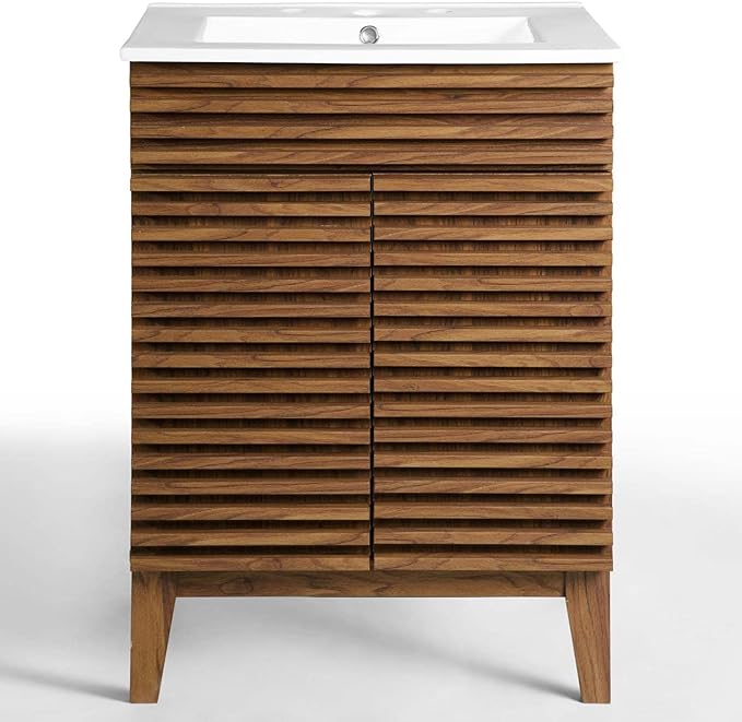 Mid-Century Bathroom Vanity With Sink in Walnut White,24 Inch