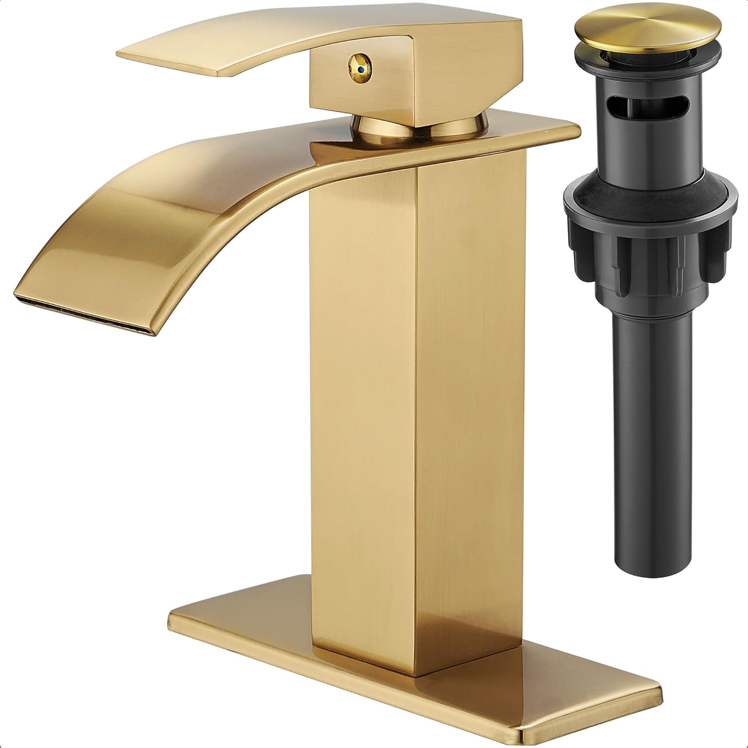 Waterfall Bathroom Faucet, 4 Ins Bathroom Faucets One Hole or 3 Hole, Single Handle with Deck Plate, Pop-up Drain & Water Hose