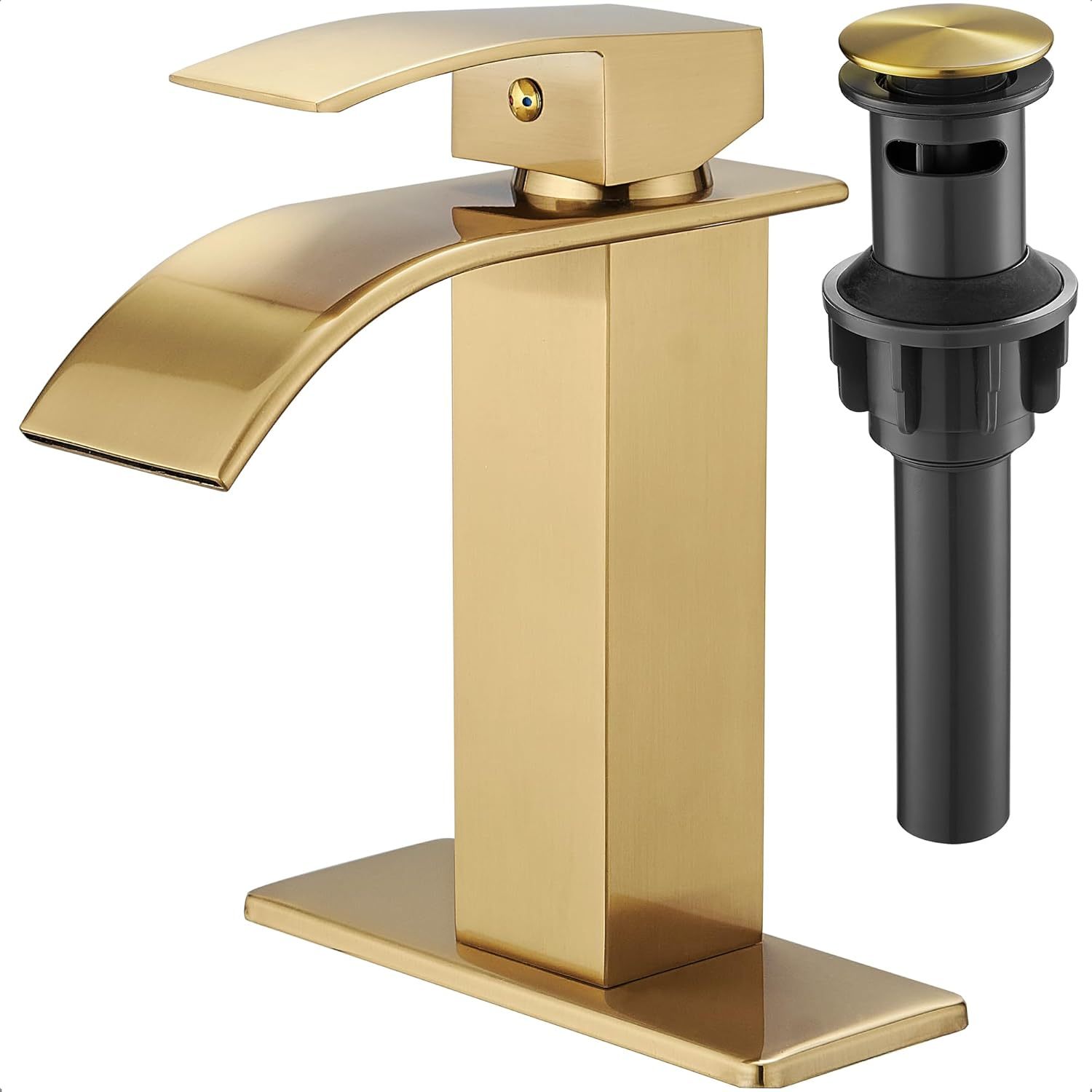 Waterfall Bathroom Faucet, 4 Ins Bathroom Faucets One Hole or 3 Hole, Single Handle with Deck Plate, Pop-up Drain & Water Hose