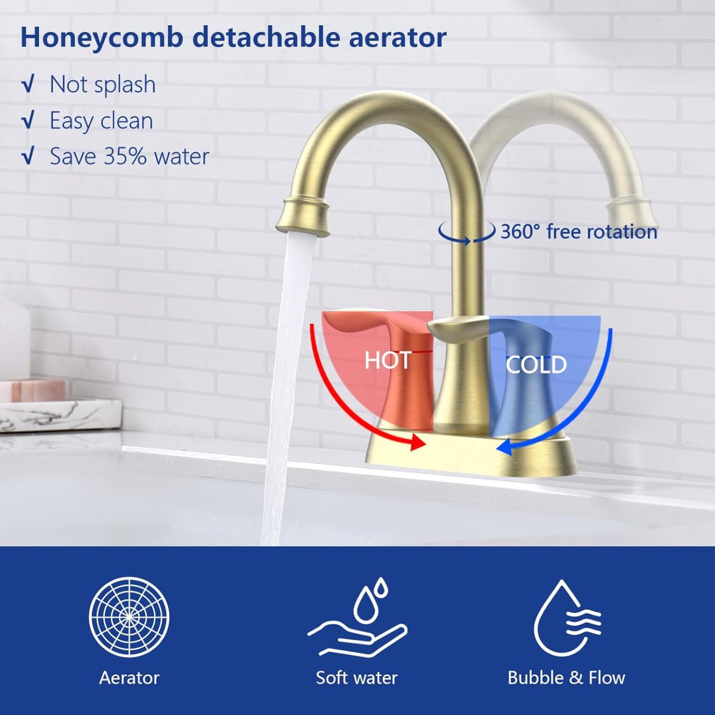 Bathroom Faucet Brushed Gold with Pop up Drain & Supply Hoses 2-Handle 360 Degree High Arc Swivel Spout Centerset 4 Inch