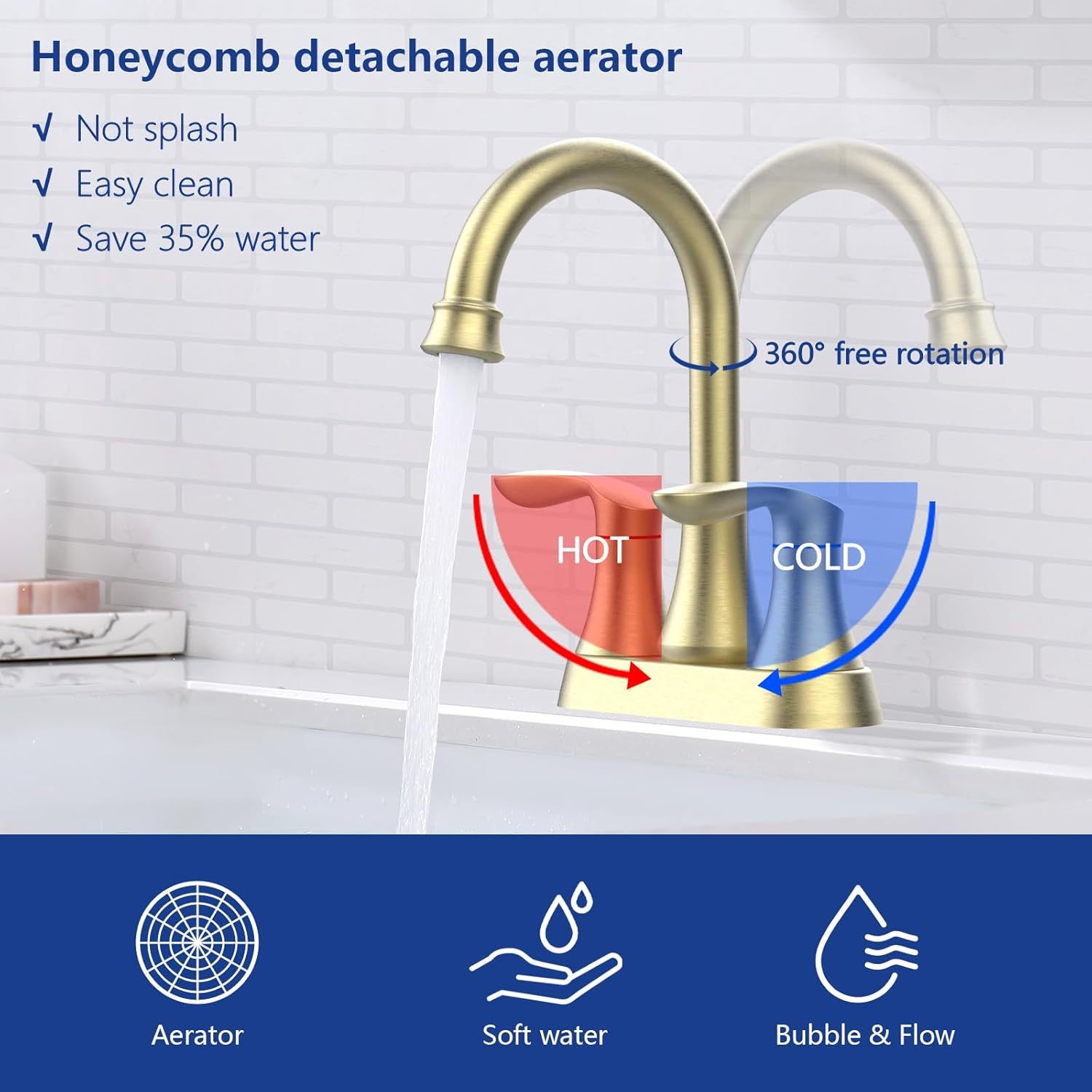 Bathroom Faucet Brushed Gold with Pop up Drain & Supply Hoses 2-Handle 360 Degree High Arc Swivel Spout Centerset 4 Inch