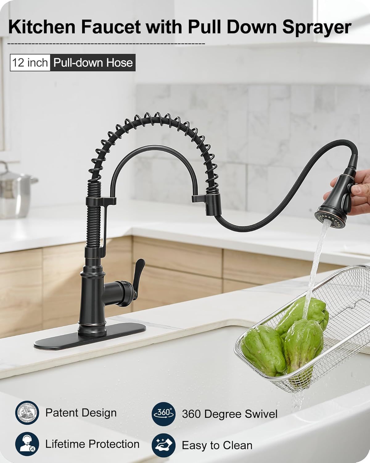 3 Modes Bronze Kitchen Faucet with Pull Down Sprayer, Single Hole Kitchen Sink Faucet 3 Hole, Stainless Steel High Arc Spring Style