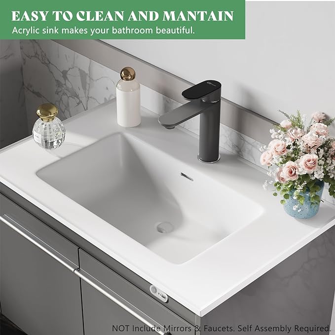 31" LED Floating Bathroom Vanity with Sink, High Gloss Single Sink Wall Mounted Bathroom Storage Vanity