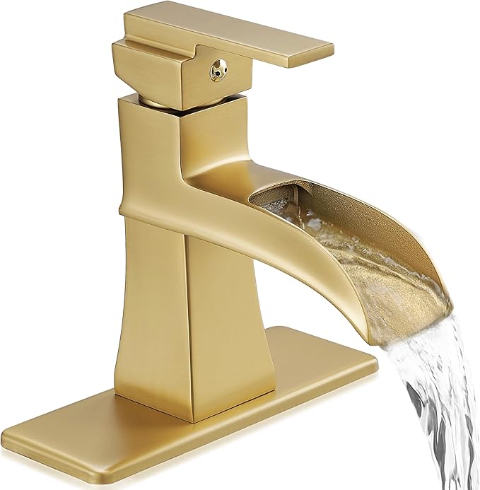 Single Hole Bathroom Faucet 3 Hole (4 Inch), Brass Waterfall Faucet Single Handle, Bathroom Faucets Brushed Nickel Bathroom Sink Faucet with Deck Plate & Pre-Install Hoses Without Pop-up Drain