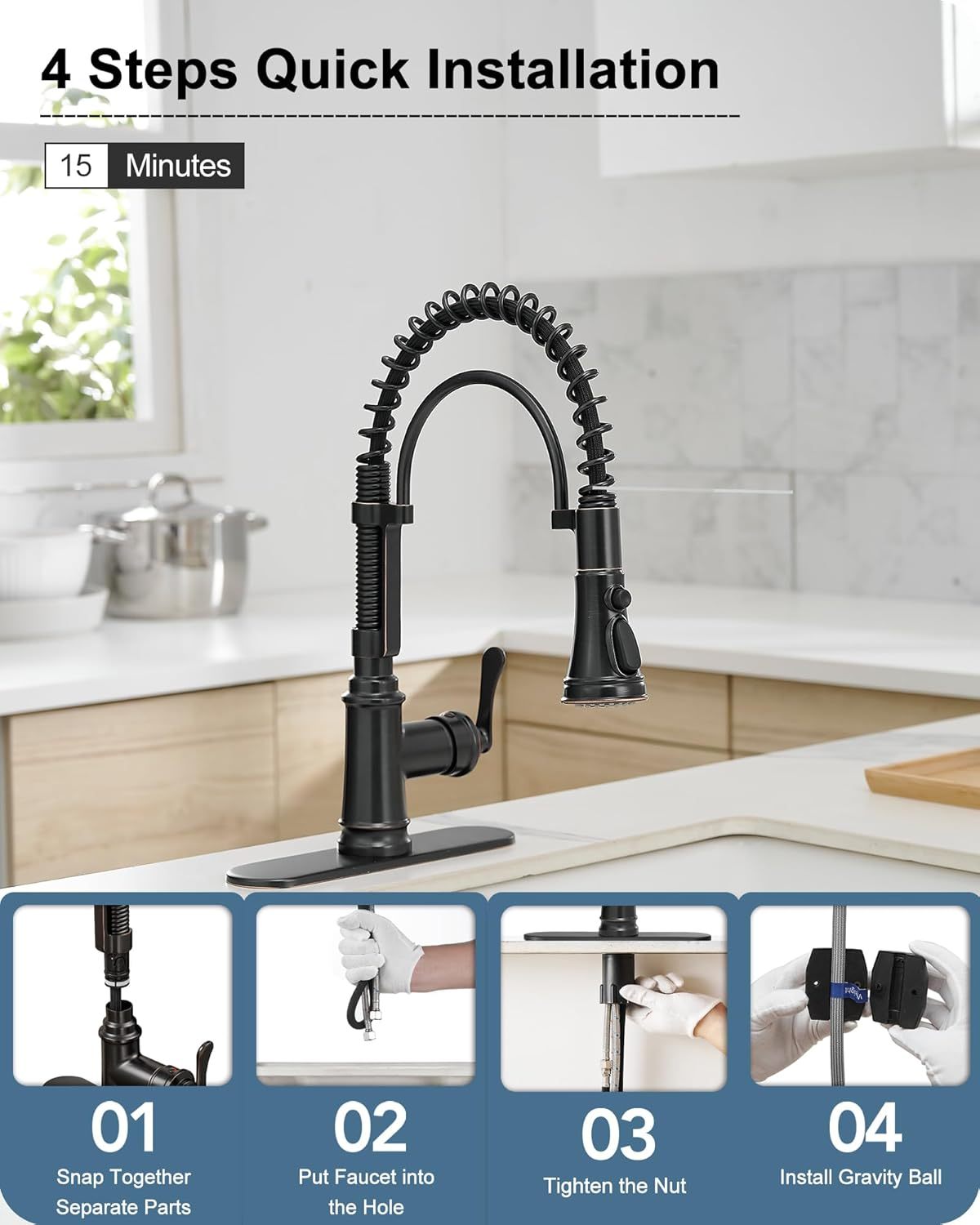 3 Modes Bronze Kitchen Faucet with Pull Down Sprayer, Single Hole Kitchen Sink Faucet 3 Hole, Stainless Steel High Arc Spring Style