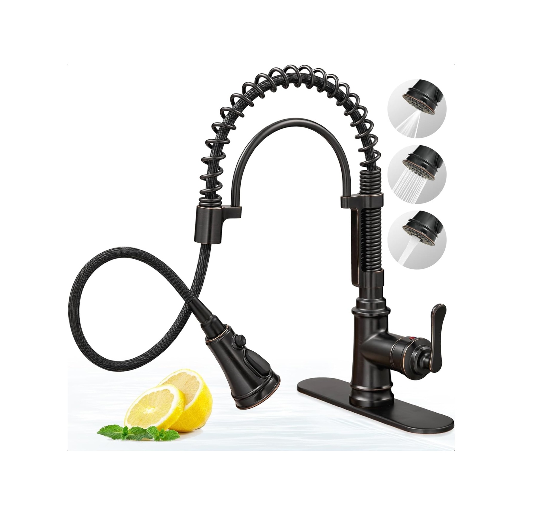 3 Modes Bronze Kitchen Faucet with Pull Down Sprayer, Single Hole Kitchen Sink Faucet 3 Hole, Stainless Steel High Arc Spring Style