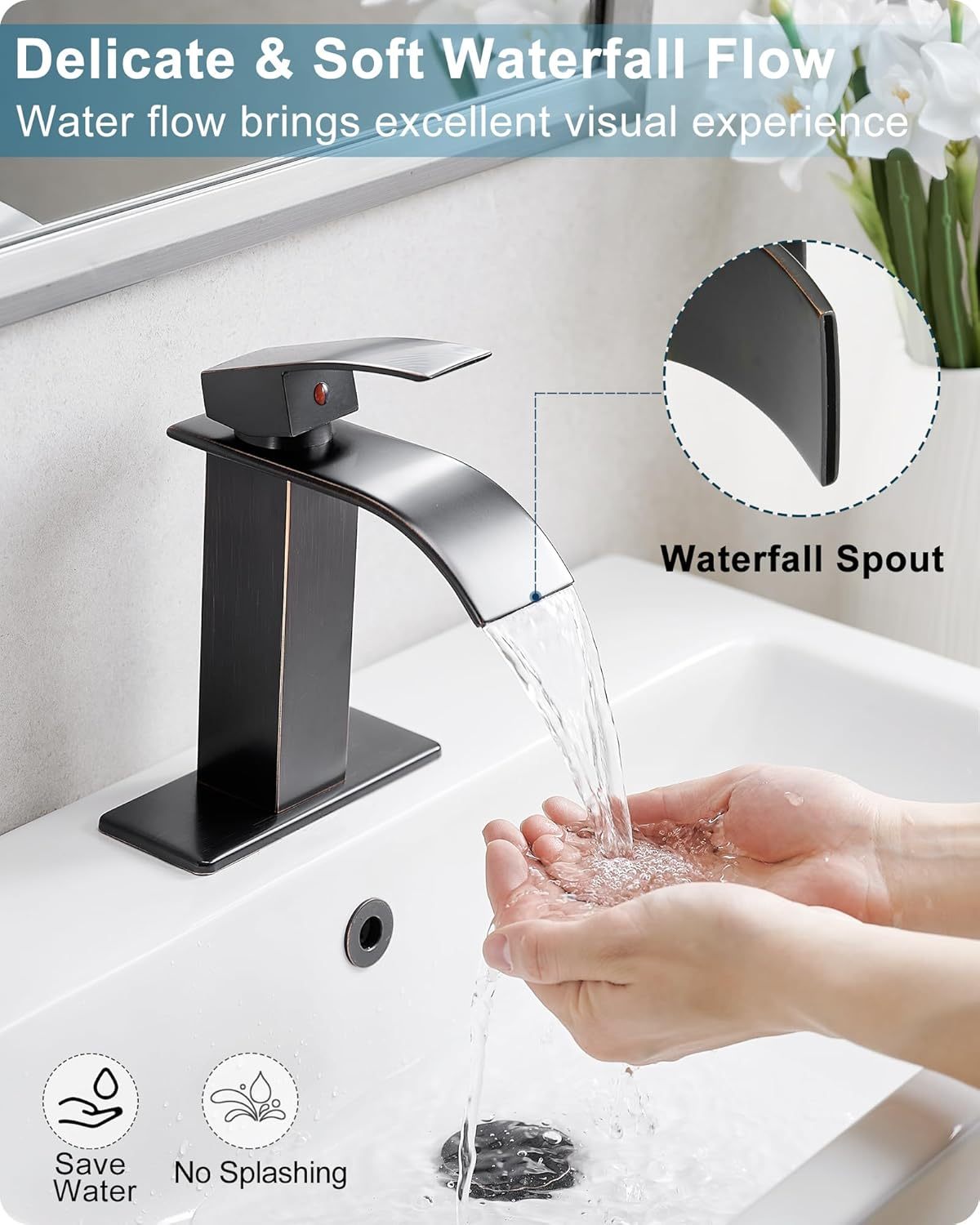 Waterfall Bathroom Faucet, 4 Ins Bathroom Faucets One Hole or 3 Hole, Single Handle with Deck Plate, Pop-up Drain & Water Hose