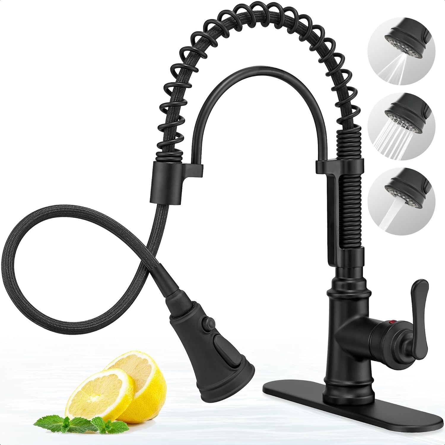 3 Modes Bronze Kitchen Faucet with Pull Down Sprayer, Single Hole Kitchen Sink Faucet 3 Hole, Stainless Steel High Arc Spring Style