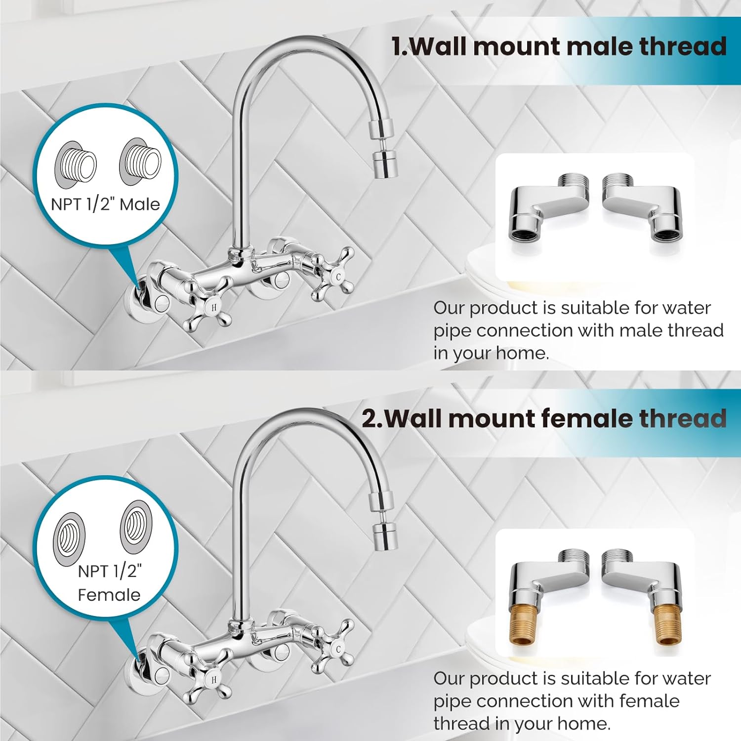 Polish Chrome Kitchen Sink Faucet Wall Mount 6 Inch Center Adjustable Hole Distance Kitchen Wall Faucet