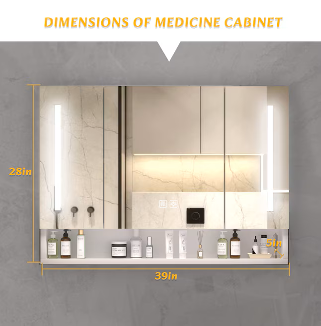 Medicine Cabinets with Mirrors and LED Lights 28-in x 39-in Lighted LED Fog Free Surface Mount clear Mirrored Rectangle Soft Close Medicine Cabinet
