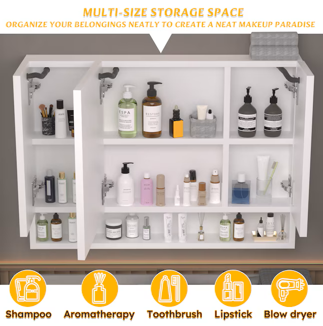 Medicine Cabinets with Mirrors and LED Lights 28-in x 39-in Lighted LED Fog Free Surface Mount clear Mirrored Rectangle Soft Close Medicine Cabinet