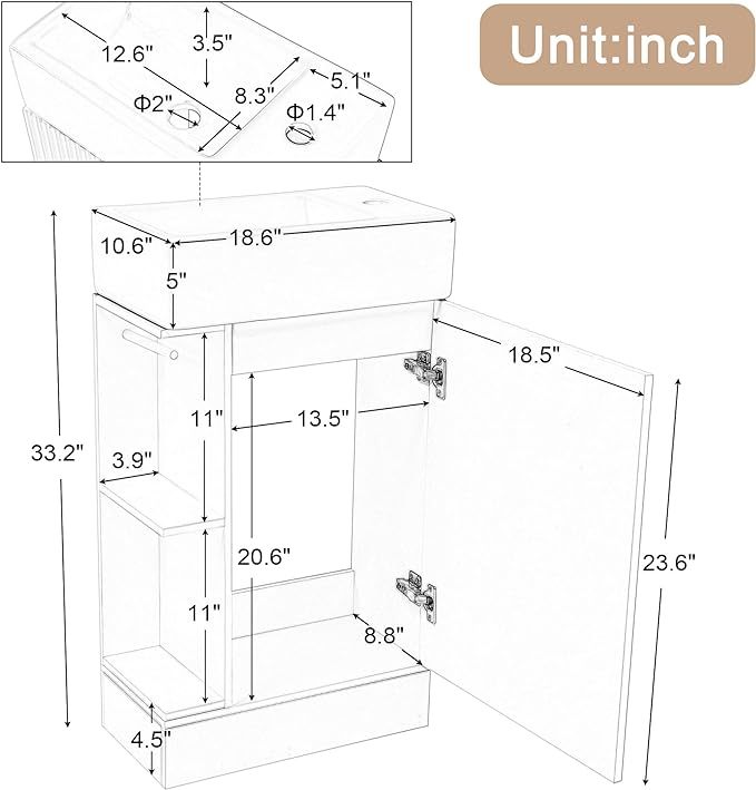 White 18.6" Bathroom Vanity Cabinet with Ceramic Sink Top Set