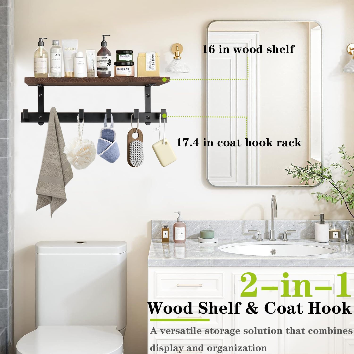 Heavy Duty Wall Hooks with Wood Shelves Coat Hooks for Hanging Clothes Hats Towel