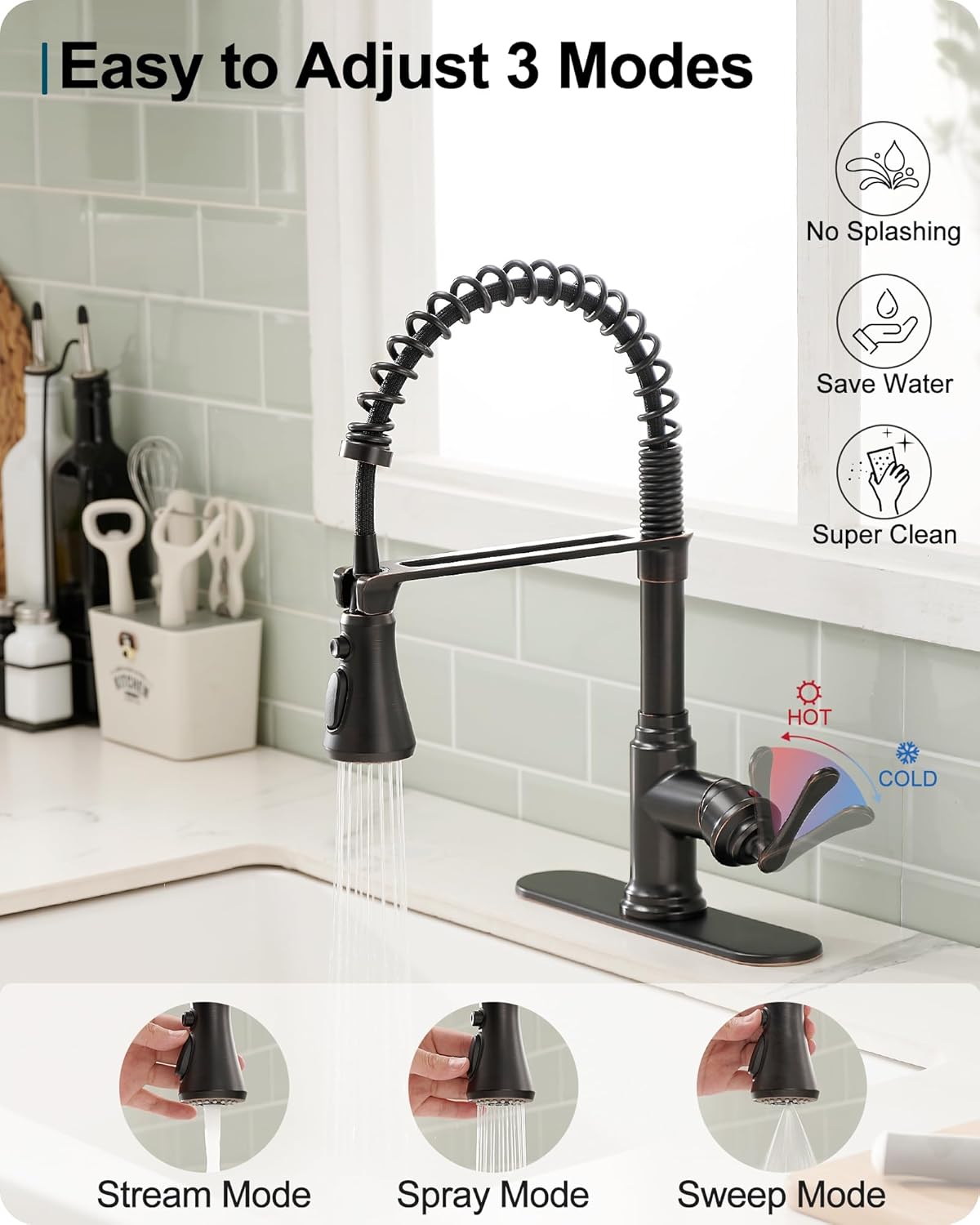 3-Function Kitchen Faucets 3 Hole or 1 Hole Stainless Steel Single Handle Kitchen Sink Faucet 360 Degree Swivel with Deck Plate