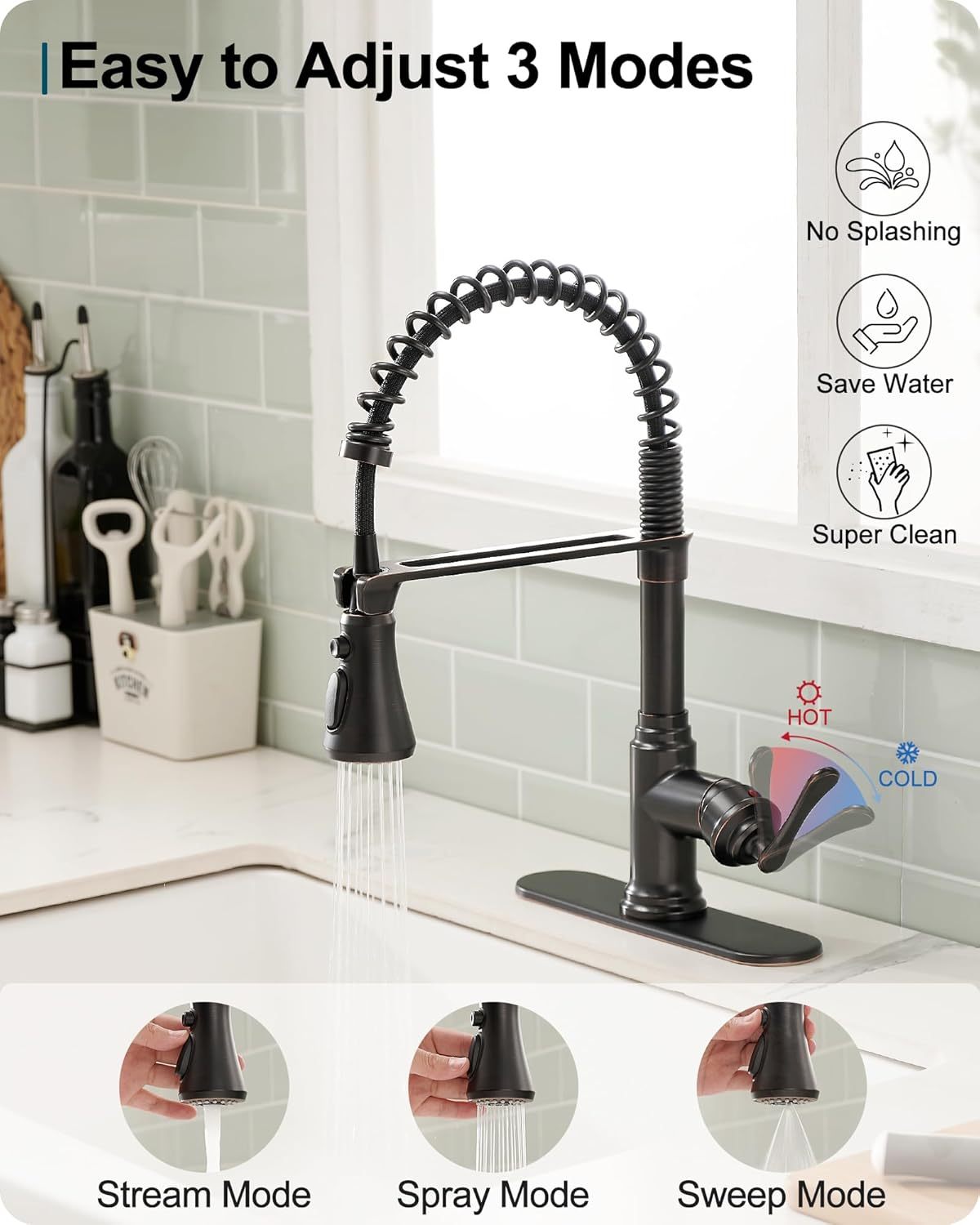 3-Function Kitchen Faucets 3 Hole or 1 Hole Stainless Steel Single Handle Kitchen Sink Faucet 360 Degree Swivel with Deck Plate