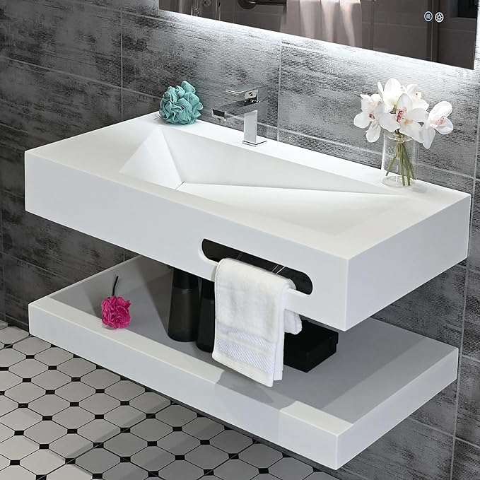 32"x19" Wall Mount Bathroom Vanity with Sink Stone Resin Floating Vanity Sink