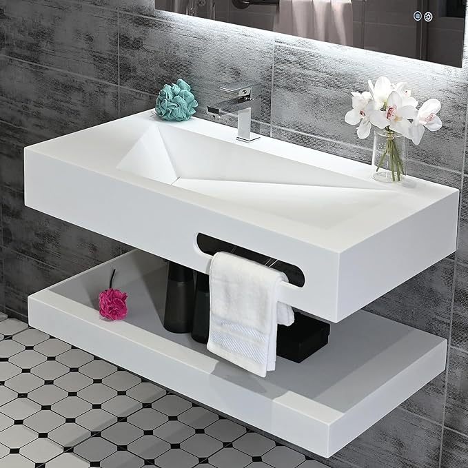 32"x19" Wall Mount Bathroom Vanity with Sink Stone Resin Floating Vanity Sink
