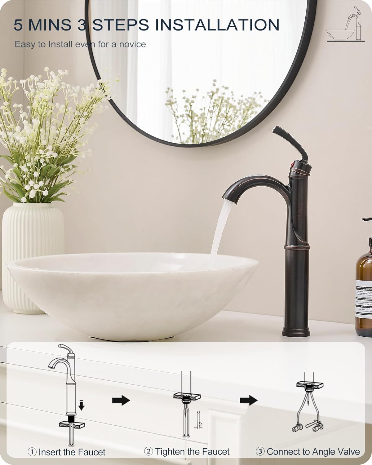 12.6 Inch Tall Bathroom Faucet 1 Hole, Single Handle with Pop Up Drain, cUPC Supply Line and Aerator for Farmhouse, Countertop Basin
