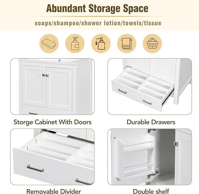 30" Modern Bathroom Vanity with Sink Combo Set, Solid Wood Frame Bathroom Storage Cabinet