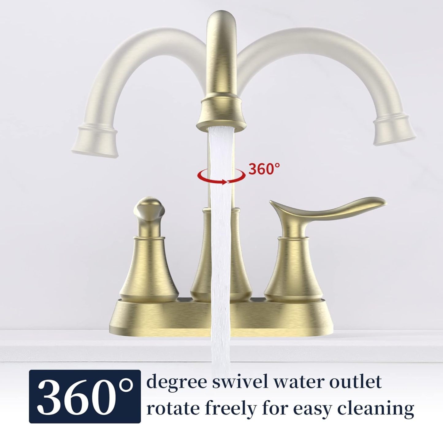 Bathroom Faucet Brushed Gold with Pop-up Drain & Supply Hoses 2-Handle 360 Degree High Arc Swivel Spout Centerset 4 Inch Vanity Sink Faucet