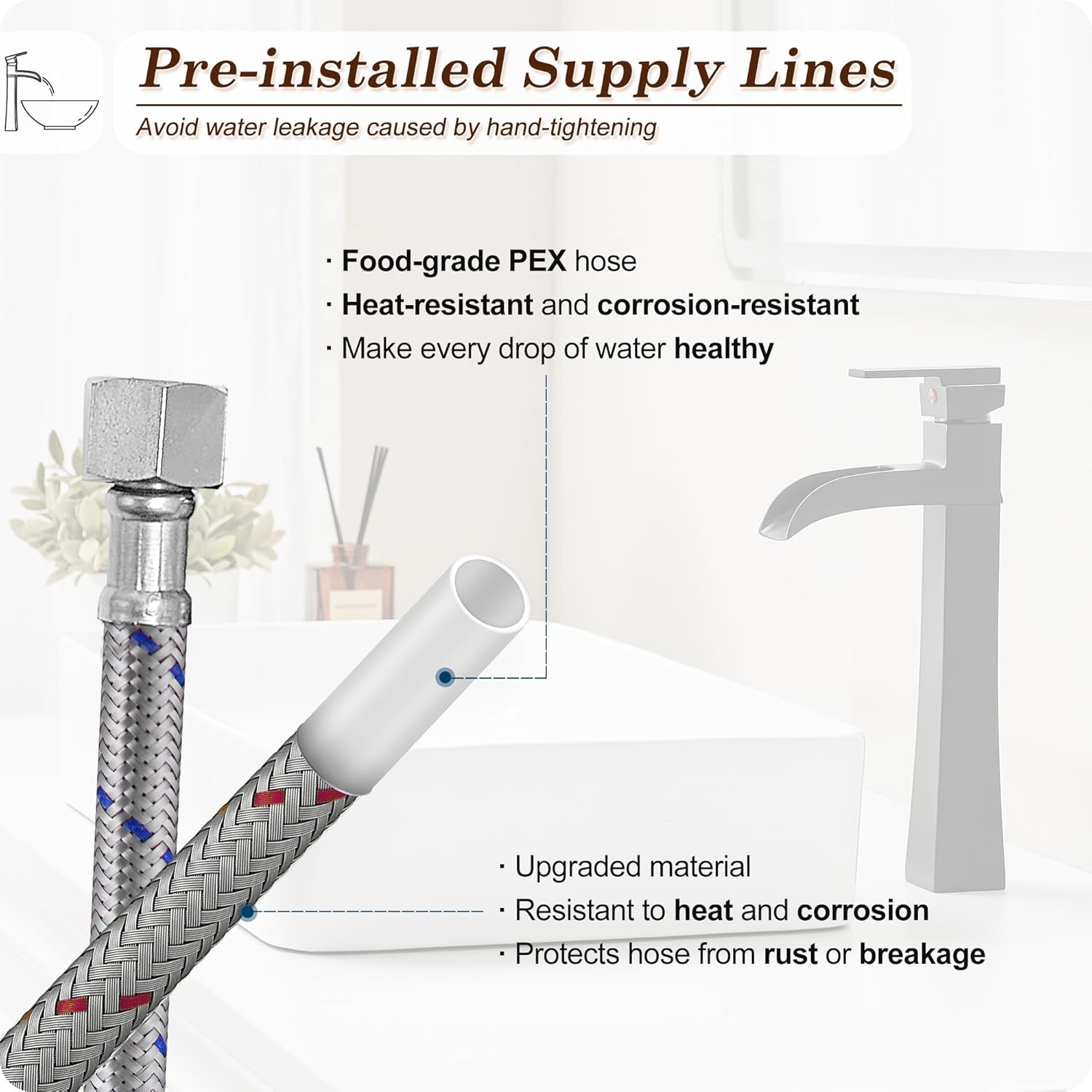 12 Inch Waterfall Tall Bathroom Faucet One Hole with Pop-Up Drain & Pre-Installed Hoses, Single Handle for Bathroom Sink Bowl Deck Mount