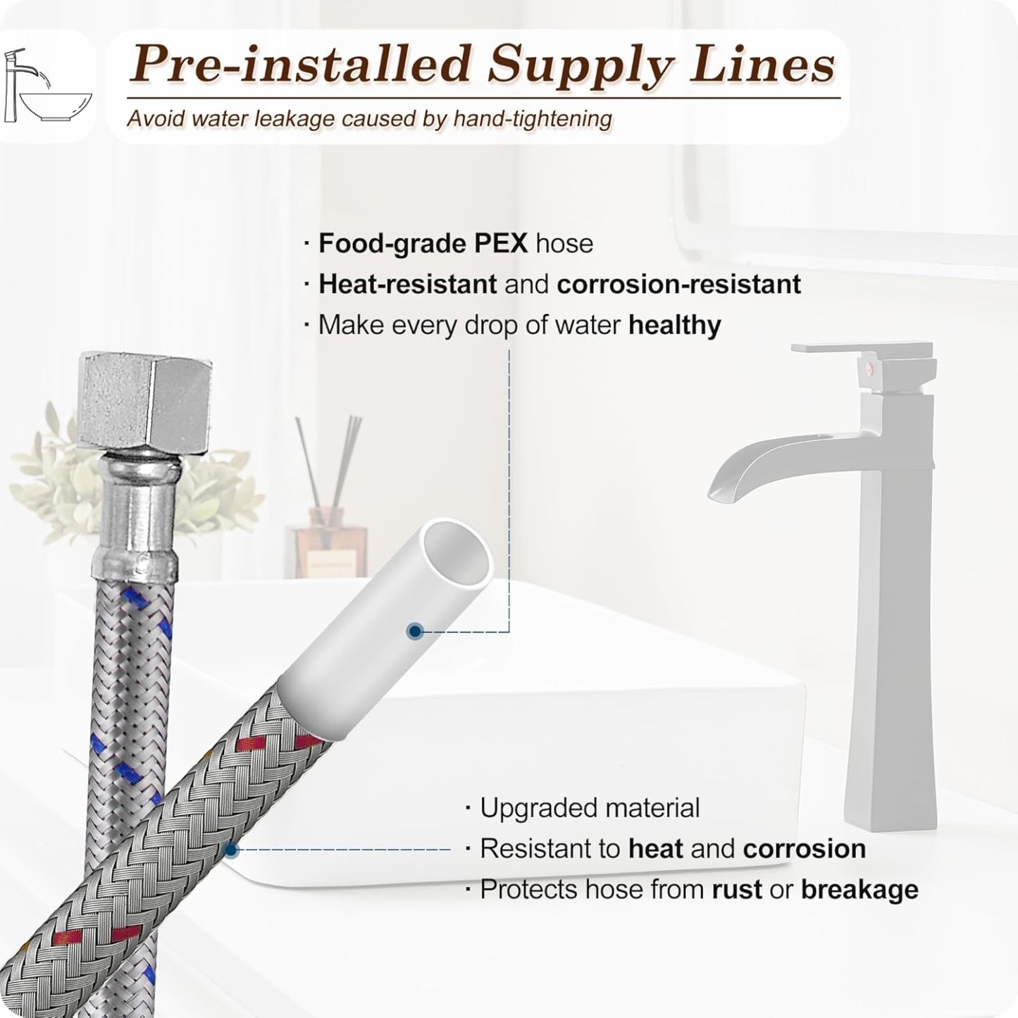 12 Inch Waterfall Tall Bathroom Faucet One Hole with Pop-Up Drain & Pre-Installed Hoses, Single Handle for Bathroom Sink Bowl Deck Mount