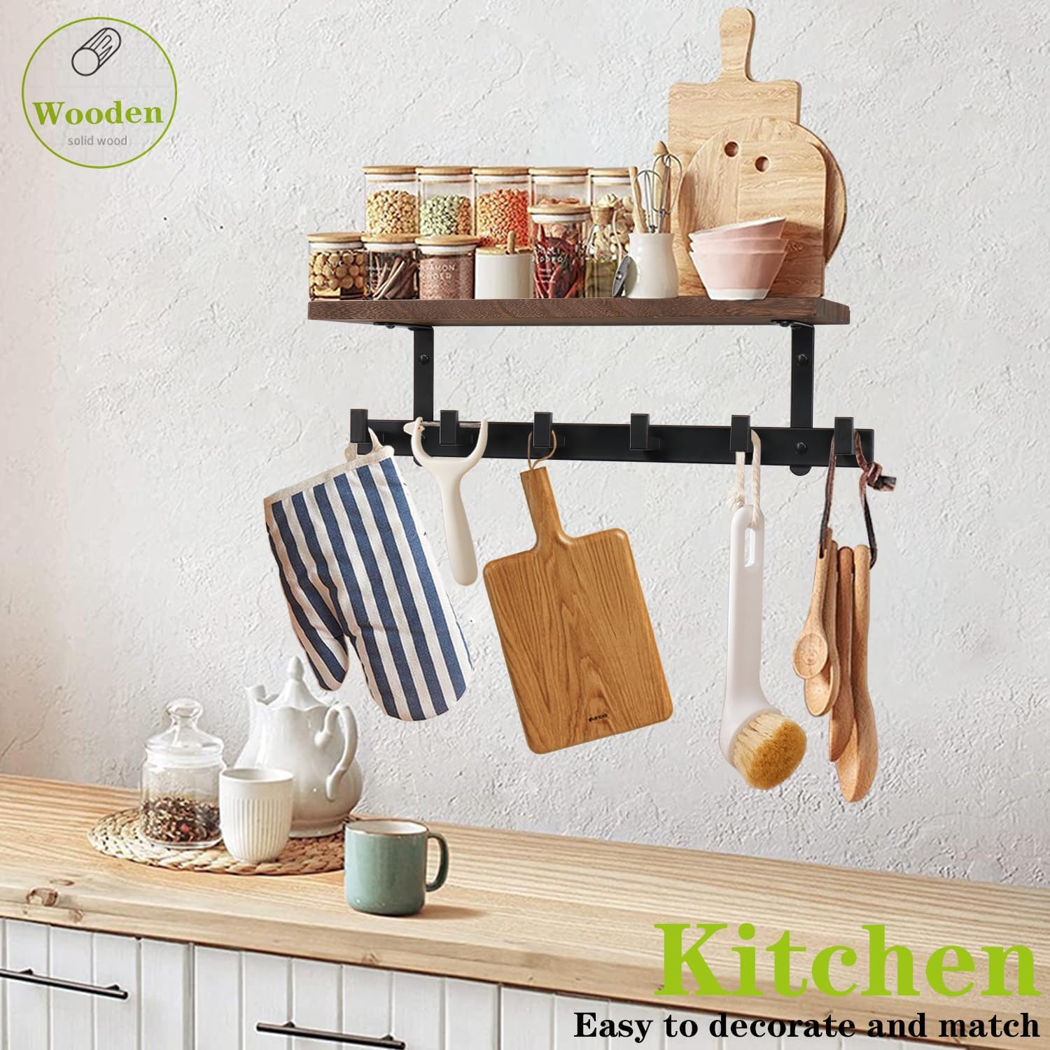 Heavy Duty Wall Hooks with Wood Shelves Coat Hooks for Hanging Clothes Hats Towel