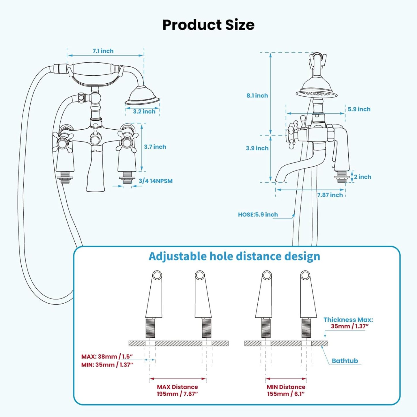Deck Mount Tub Bathtub Clawfoot Faucet with Handheld Shower Brushed Nickel Telephone Shaped Sprayer
