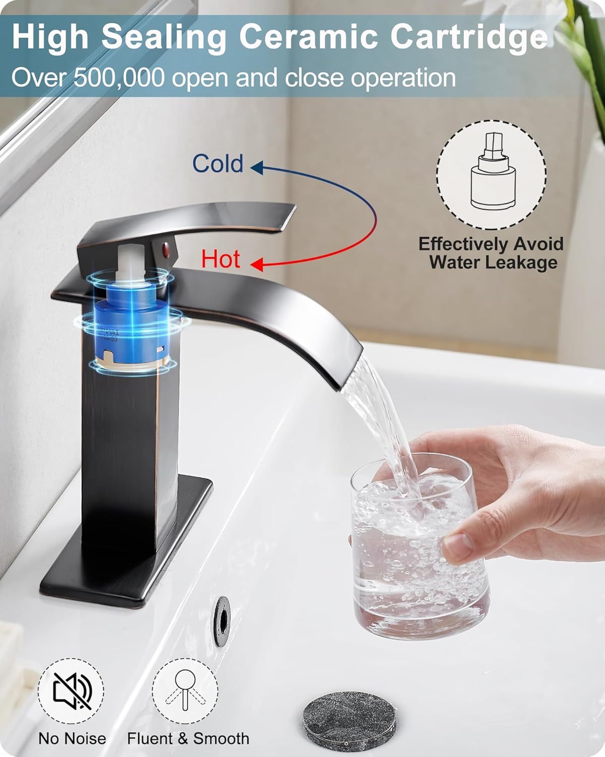 Waterfall Bathroom Faucet, 4 Ins Bathroom Faucets One Hole or 3 Hole, Single Handle with Deck Plate, Pop-up Drain & Water Hose