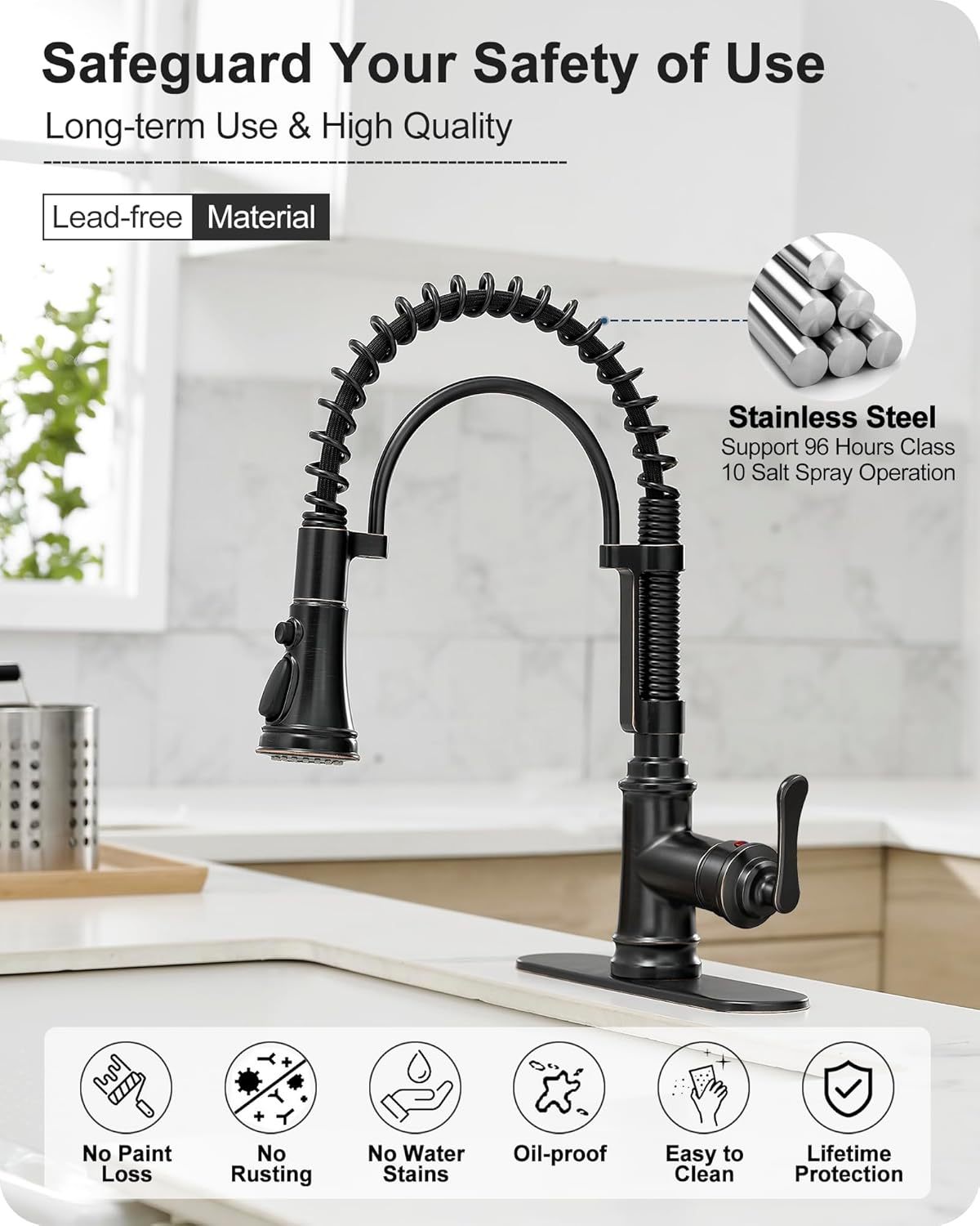 3 Modes Bronze Kitchen Faucet with Pull Down Sprayer, Single Hole Kitchen Sink Faucet 3 Hole, Stainless Steel High Arc Spring Style