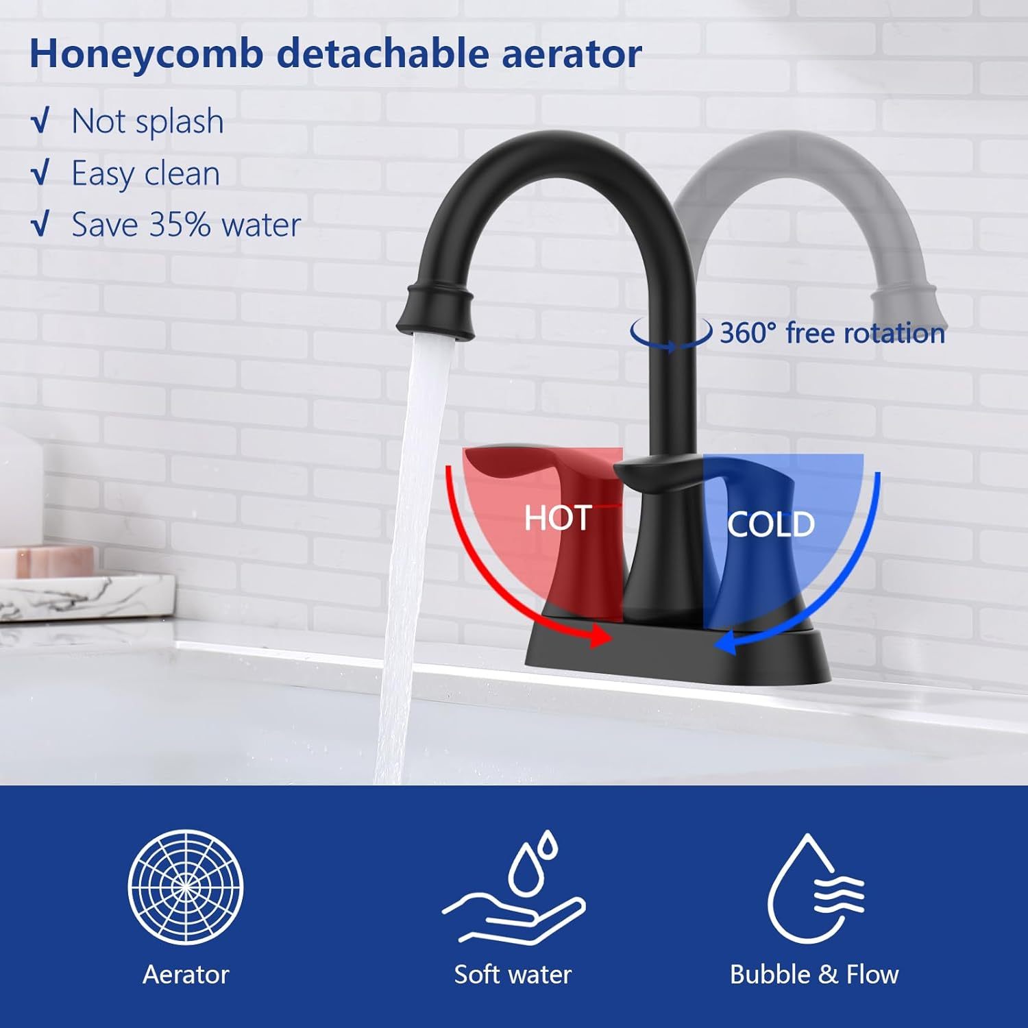 Bathroom Faucet Matt Black with Pop-up Drain & Supply Hoses 2-Handle 360 Degree High Arc Swivel Spout Centerset 4 Inch Vanity Sink Faucet