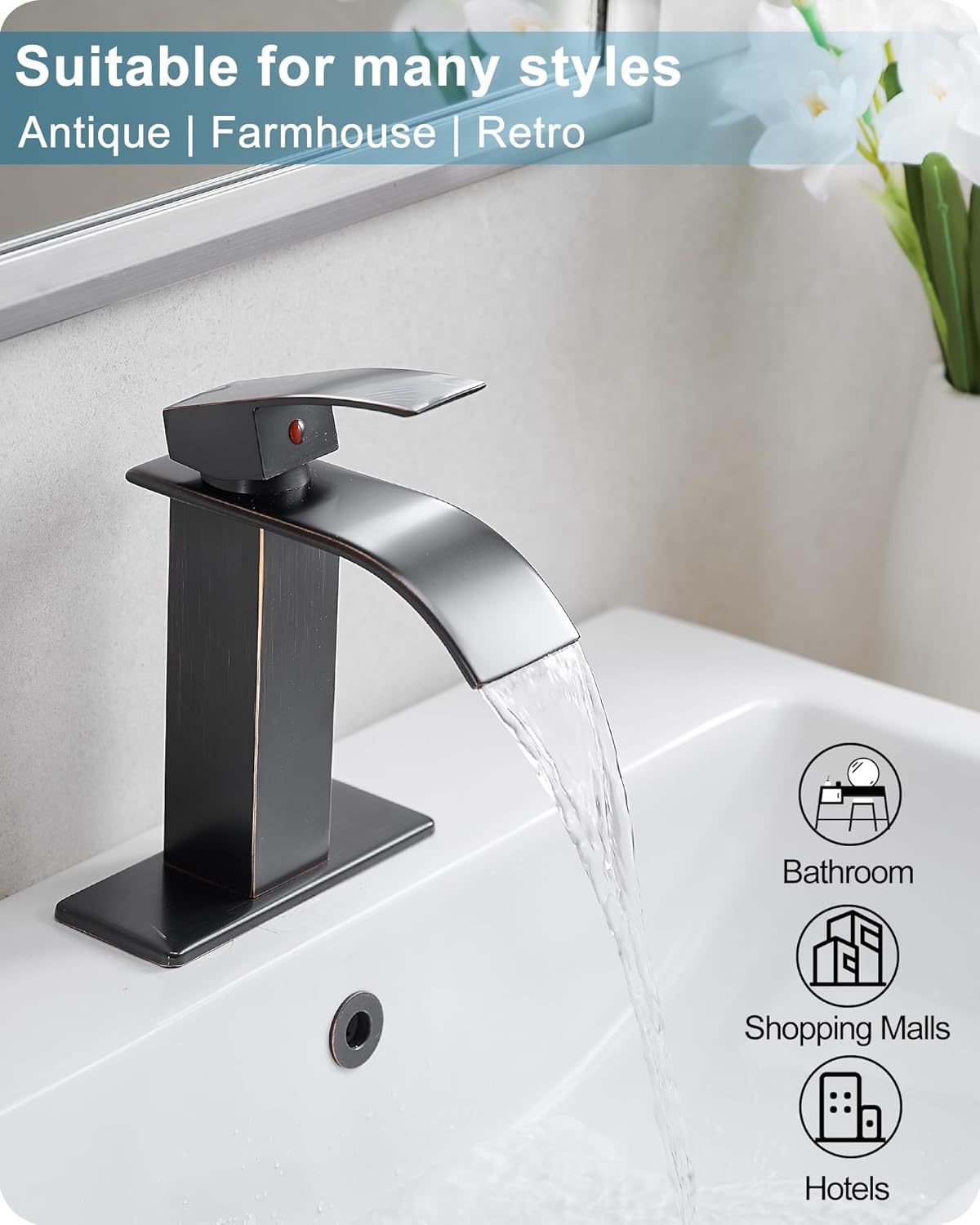 Waterfall Bathroom Faucet, 4 Ins Bathroom Faucets One Hole or 3 Hole, Single Handle with Deck Plate, Pop-up Drain & Water Hose