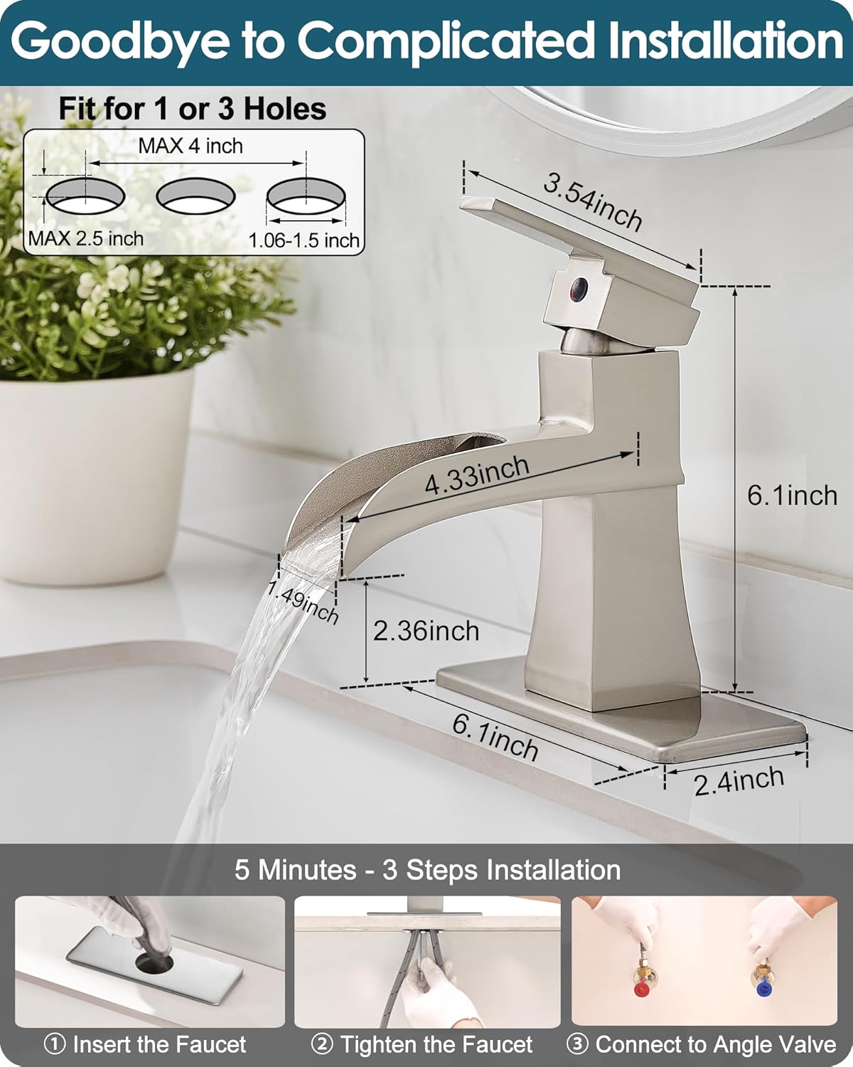 Single Hole Bathroom Faucet 3 Hole (4 Inch), Brass Waterfall Faucet Single Handle, Bathroom Faucets Brushed Nickel Bathroom Sink Faucet with Deck Plate & Pre-Install Hoses Without Pop-up Drain