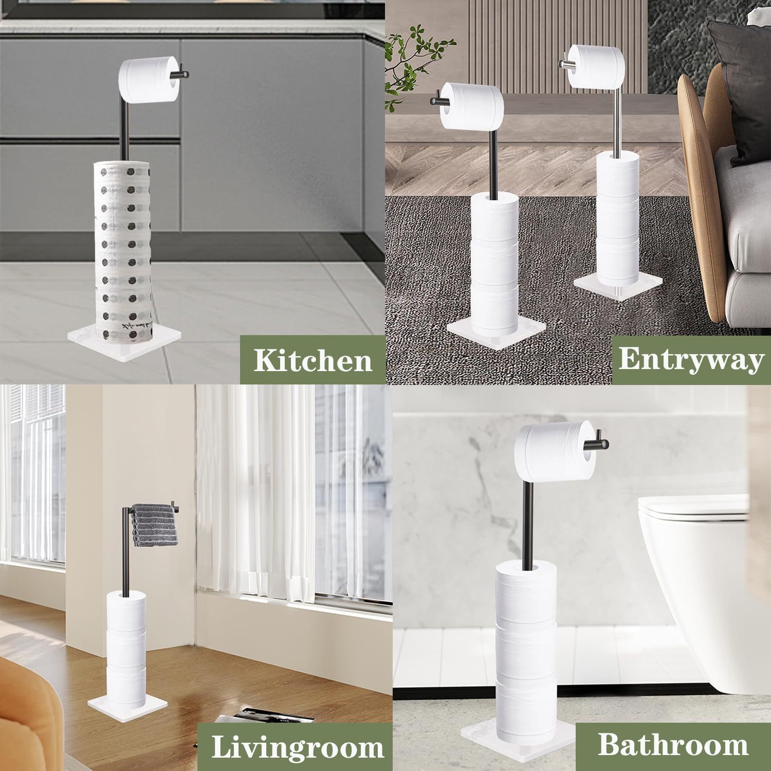 Toilet Paper Holder Stand, Free Standing Tissue Paper Storage for Bathroom, Stainless Steel Toilet Paper Stand with Reserve for 5 Roll Marble Base Bathroom Toilet Roll Holder