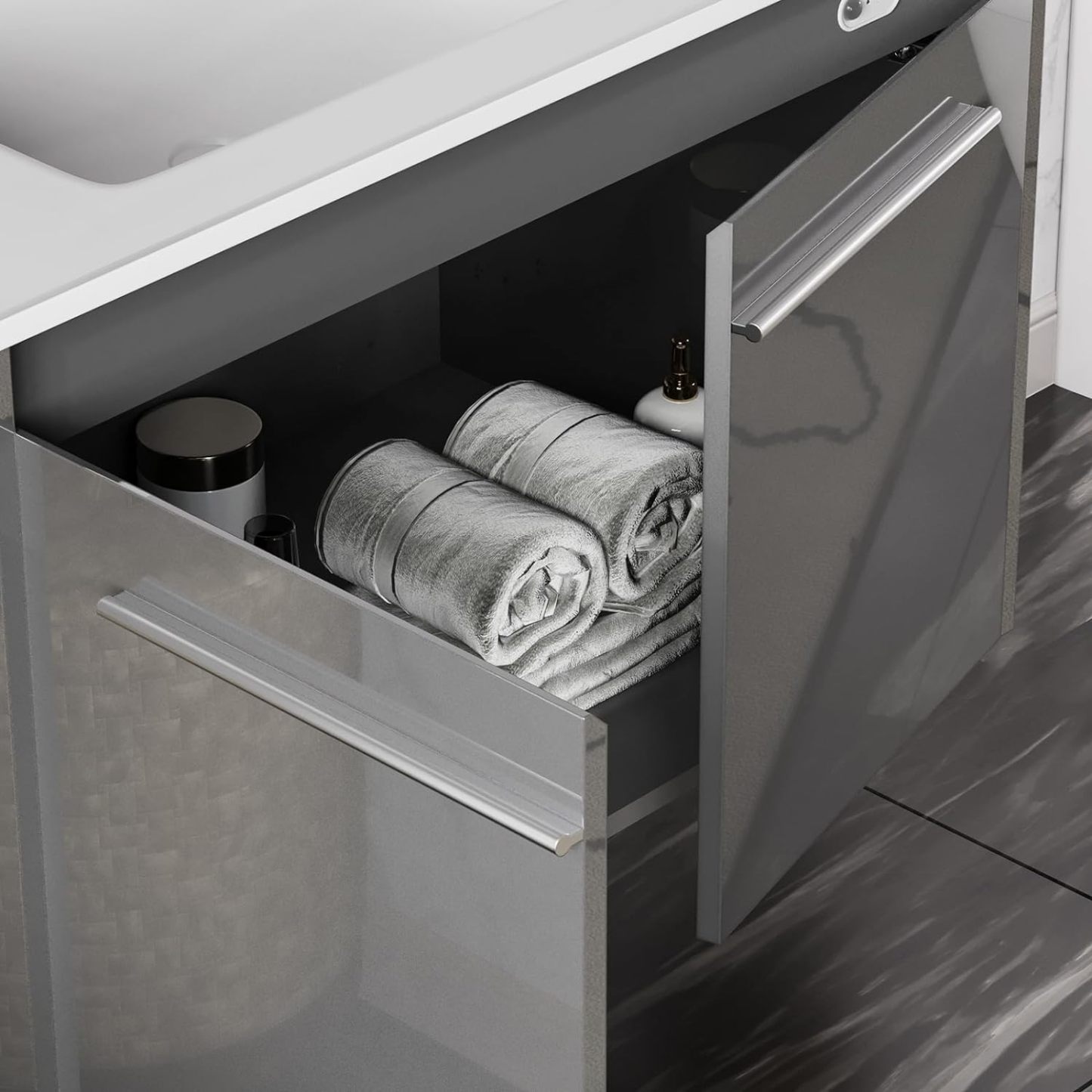 31" LED Floating Bathroom Vanity with Sink, High Gloss Single Sink Wall Mounted Bathroom Storage Vanity